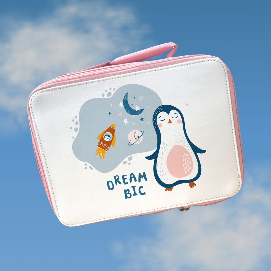 Dream Big Penguin Lunch Bag | Back to School Lunch Bag | Pink Girls Lunch Bag