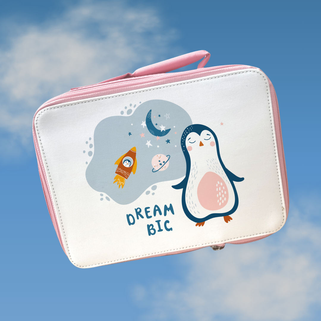 Dream Big Penguin Lunch Bag | Back to School Lunch Bag | Pink Girls Lunch Bag