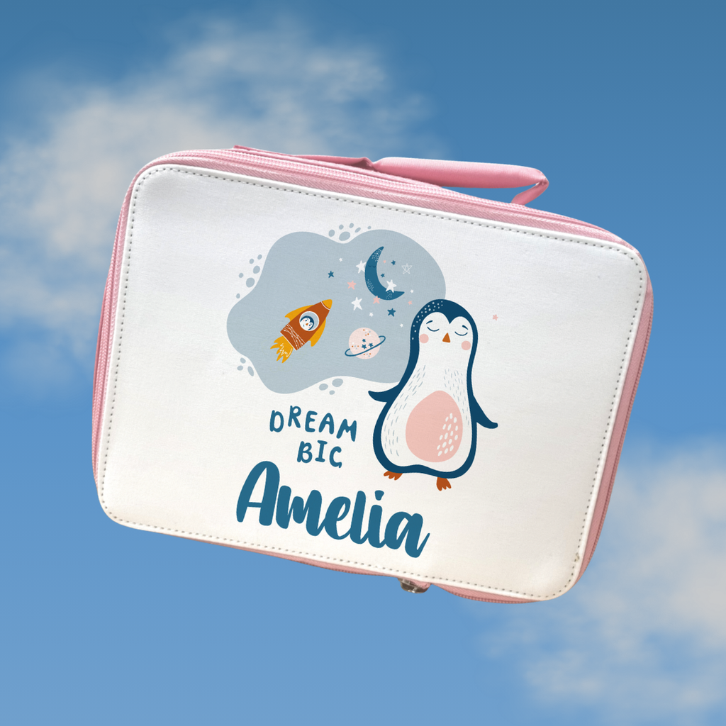 Dream Big Penguin With Name Lunch Bag | Back to School Lunch Bag | Pink Girls Lunch Bag |  | Add any name